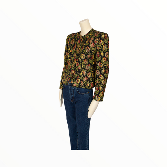 Guy Laroche vintage black jacket with pink and green jaquard flowers - S - 1980s