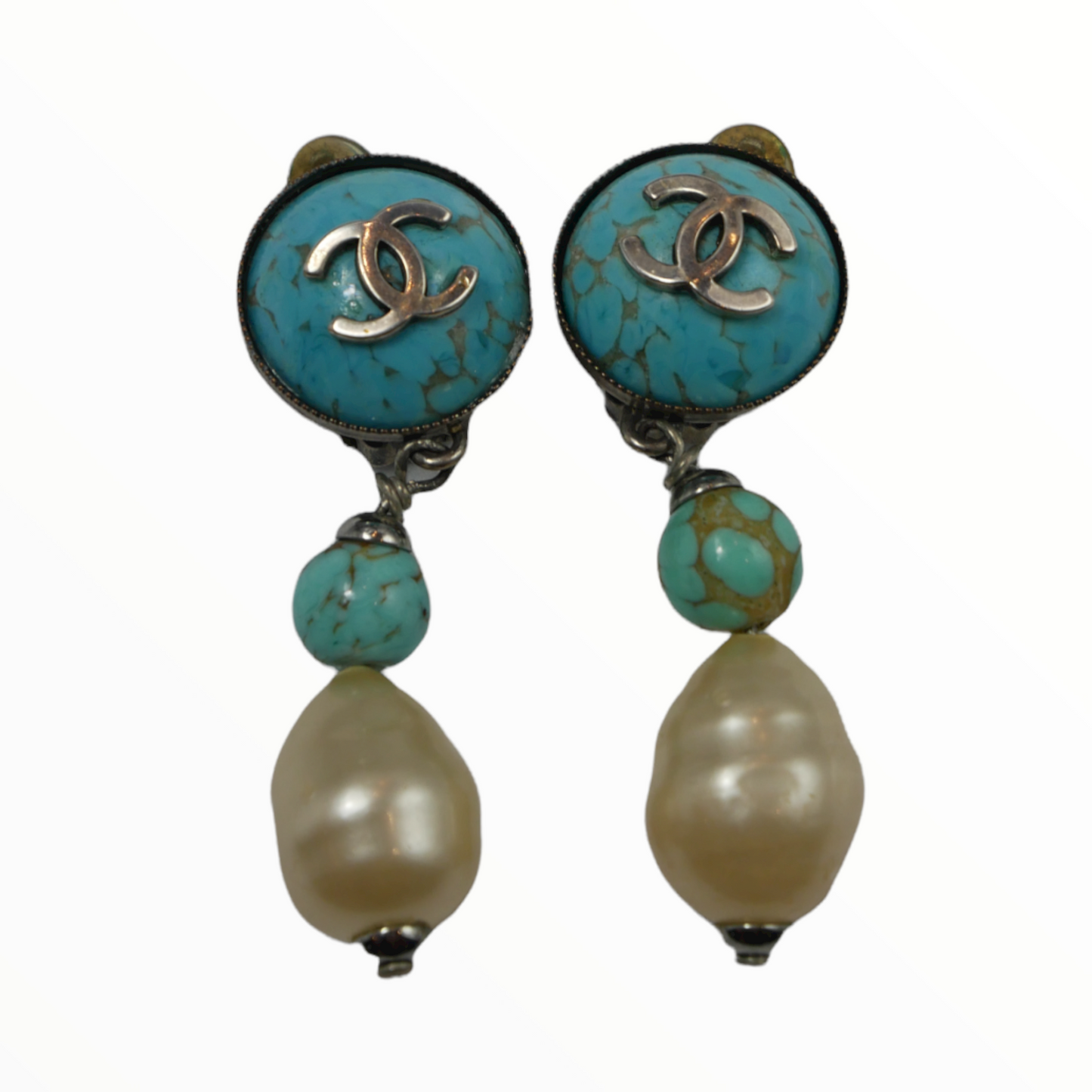 Chanel turquoise and white pearl pendant earclips