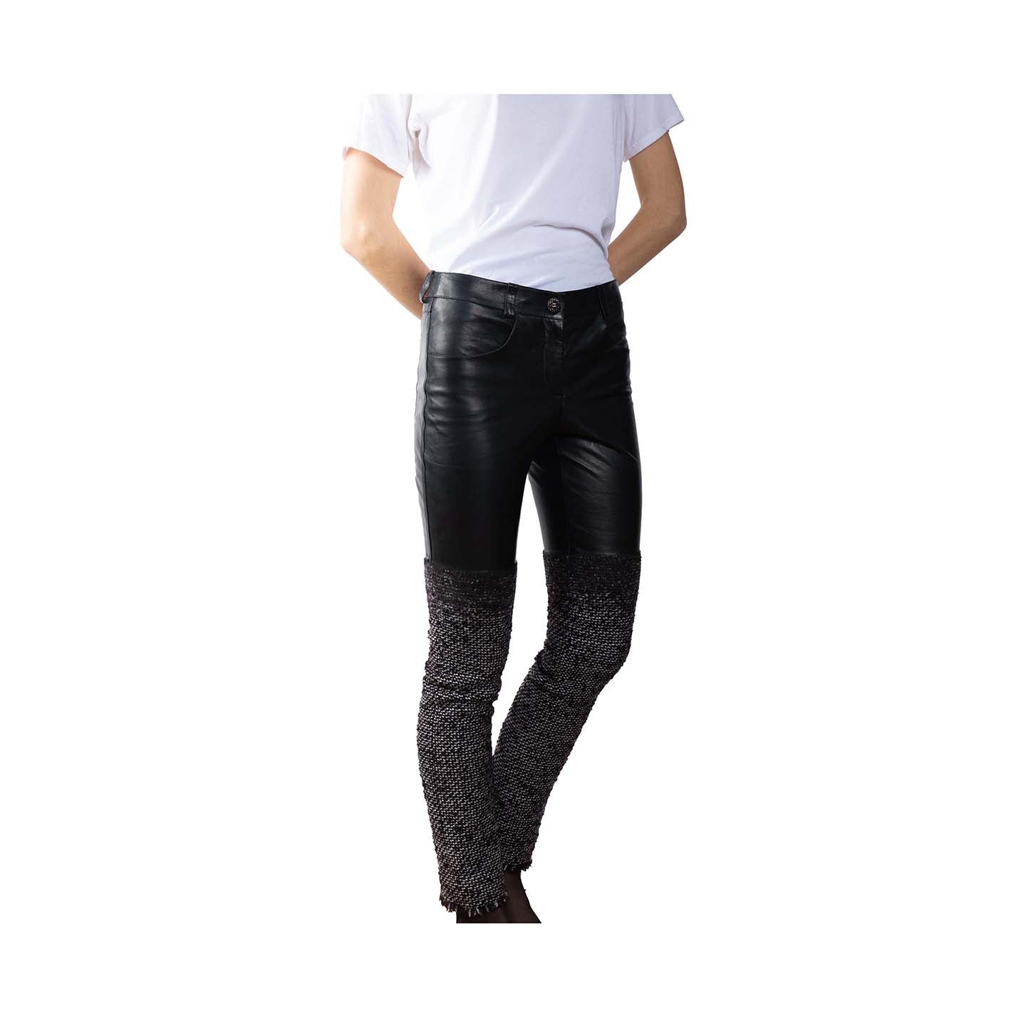 Vintage second hand Chanel black leather and tweed pants - XS - Lysis