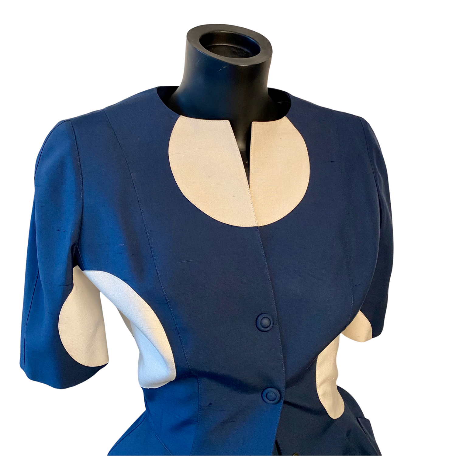Thierry Mugler COUTURE vintage ensemble in blue silk with white dots - XS - 1990s